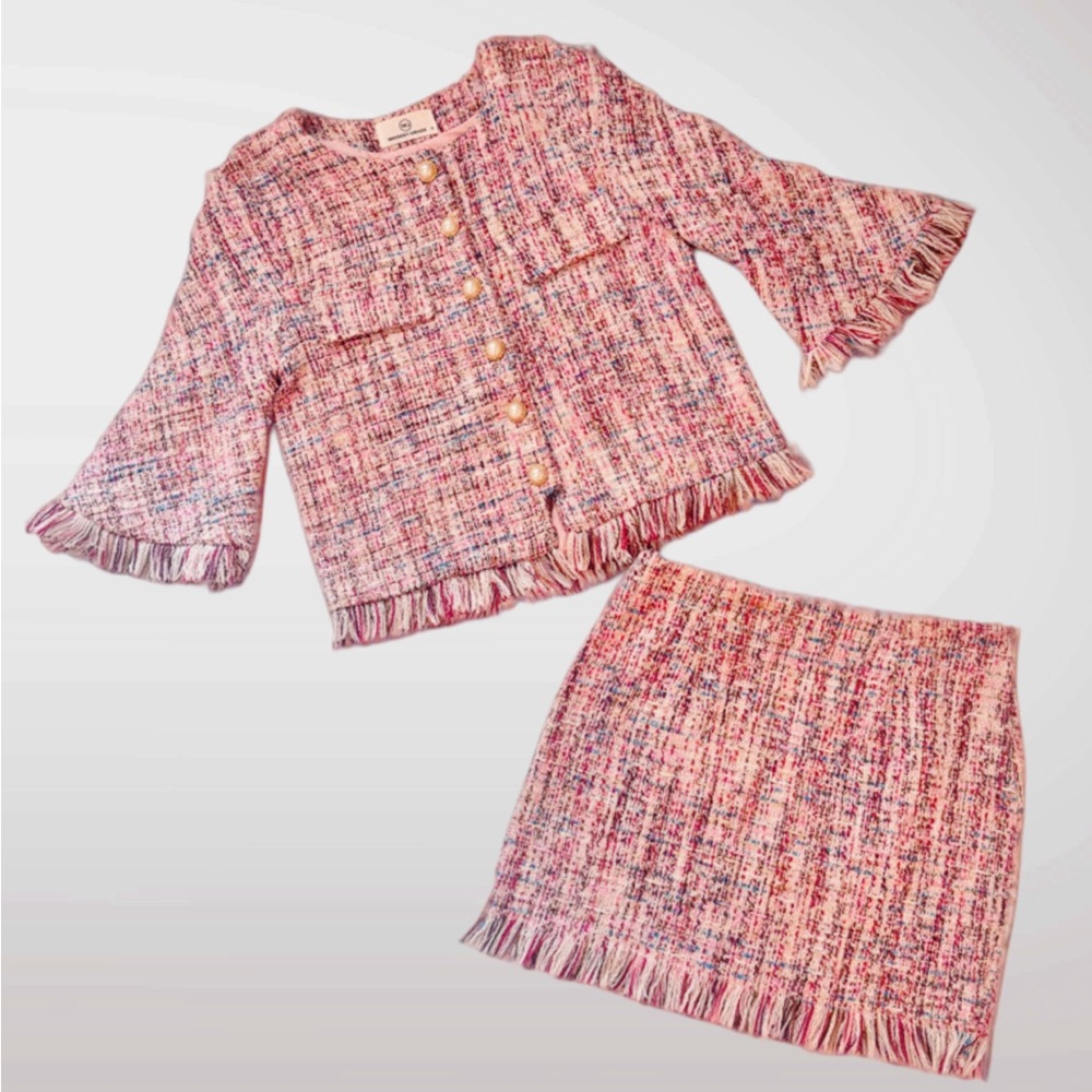 Whiskey Grade Chanel-style Elegant Pink Tweed Blazer and Skirt Set